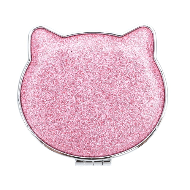Unique Bargains 1 Pc Espejo de maquillaje estilo gato para mujeres para viajes vacaciones rosa espejo de aluminio cuero PU