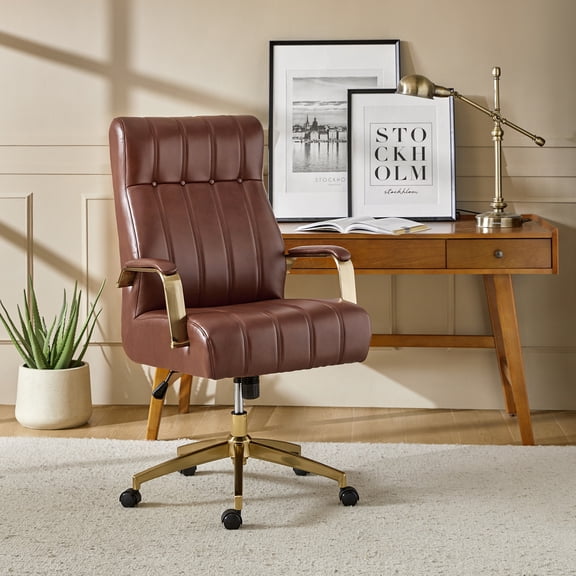 Mid Century Modern Ergonomic PU Leather Executive Swivel Office Chair for Home Office Computer Desk Brown