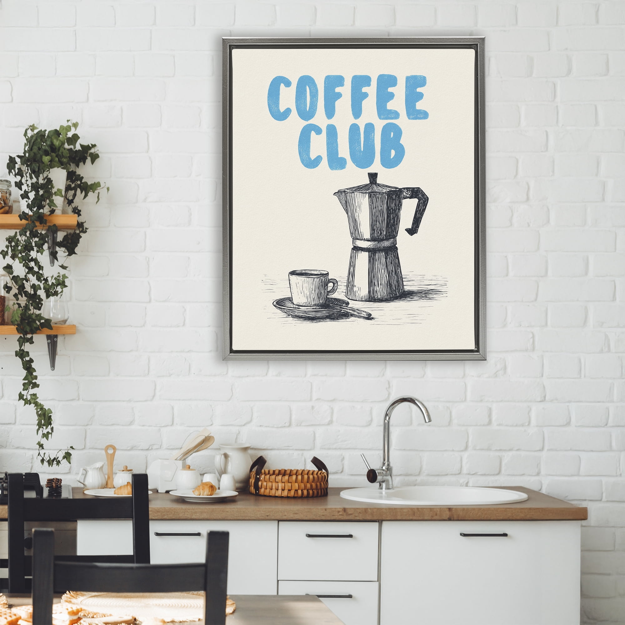 Stupell Industries Coffee Club Retro Drawing Gray Framed Floater Canvas Wall Art, design by Andreas Magnusson