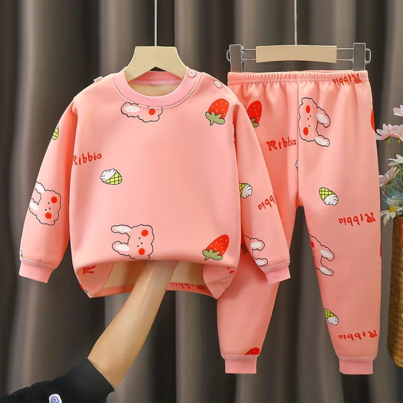 Girls 2-Piece 100% Cotton Casual Set - Cartoon Bunny Strawberry Print Soft Loose, Snap & Elastic Waist for Kidss 0-9 Years Multicolor,Size 1-2T