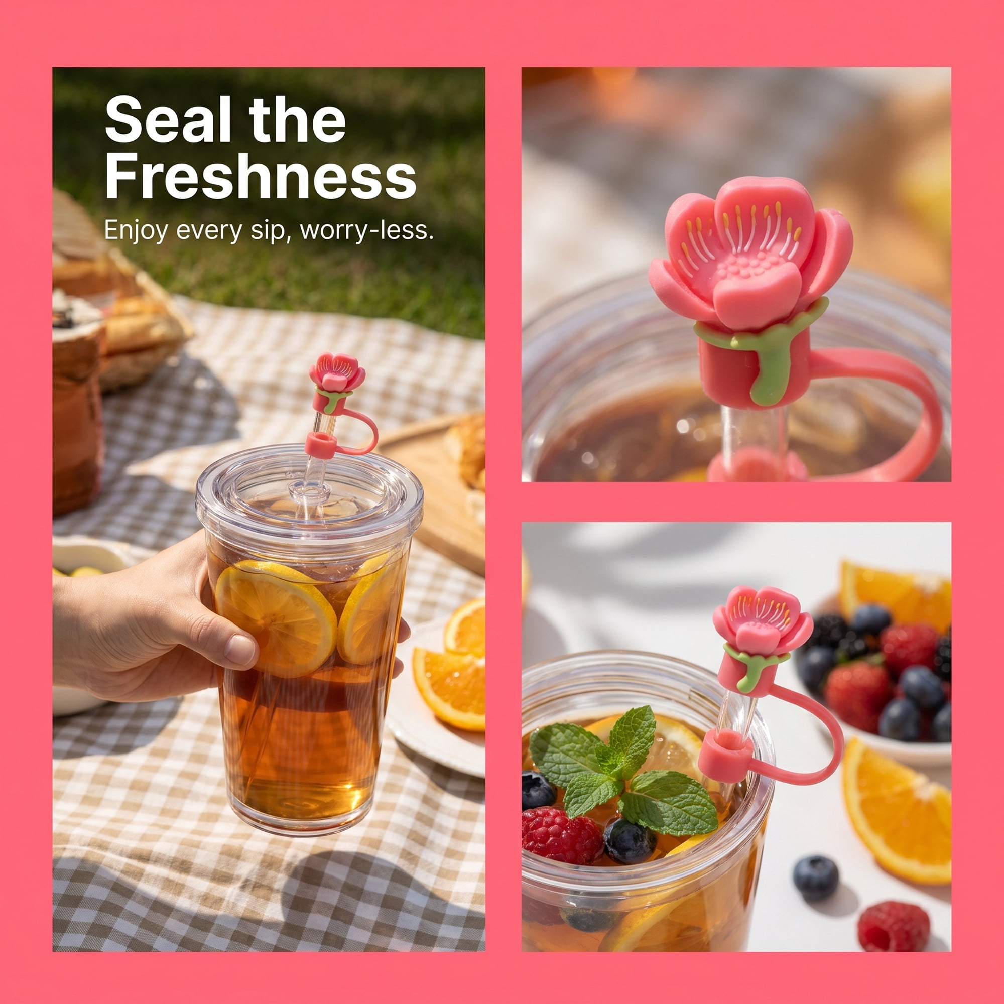 Unique Bargains Floral Silicone Straw Caps Reusable Dust-Proof Toppers Rose Red C