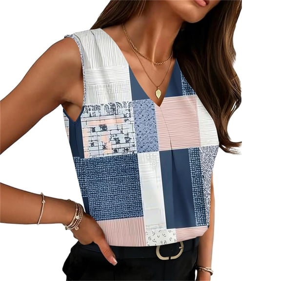 STETMN Women's Patchwork Plaid Print Sleeveless Tank Top, Summer V Neck Lightweight Casual Blouse for Work