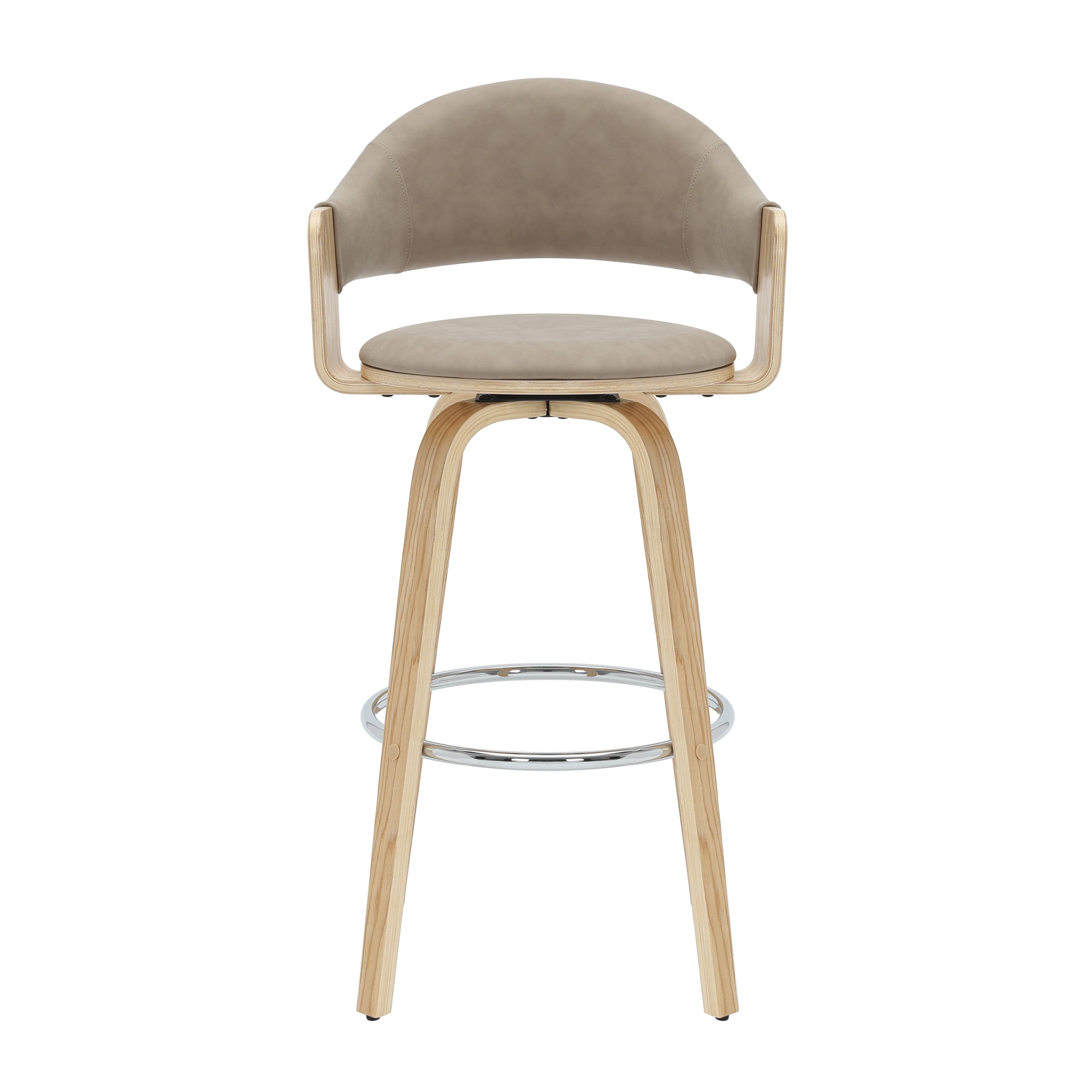 Daxton 40 in. H Swivel Bar Height Vintage Taupe Round Back Wood Bar Stool with Faux Leather Seat Set of 2