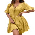 thumbnail image 3 of Women Short Sleeve Loose Dress with A-line Version  Simple Style Solid Color V-neck Summer Clothing, 3 of 6