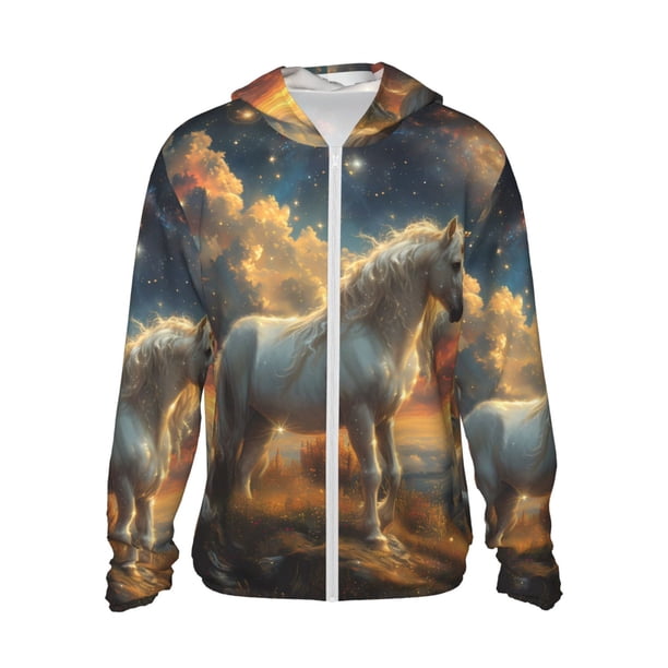 Balery Starry Sky White Horse Sudadera ligera de manga larga con capucha y protección solar UPF 50+ para hombre y mujer, ideal para pesca y running-Small