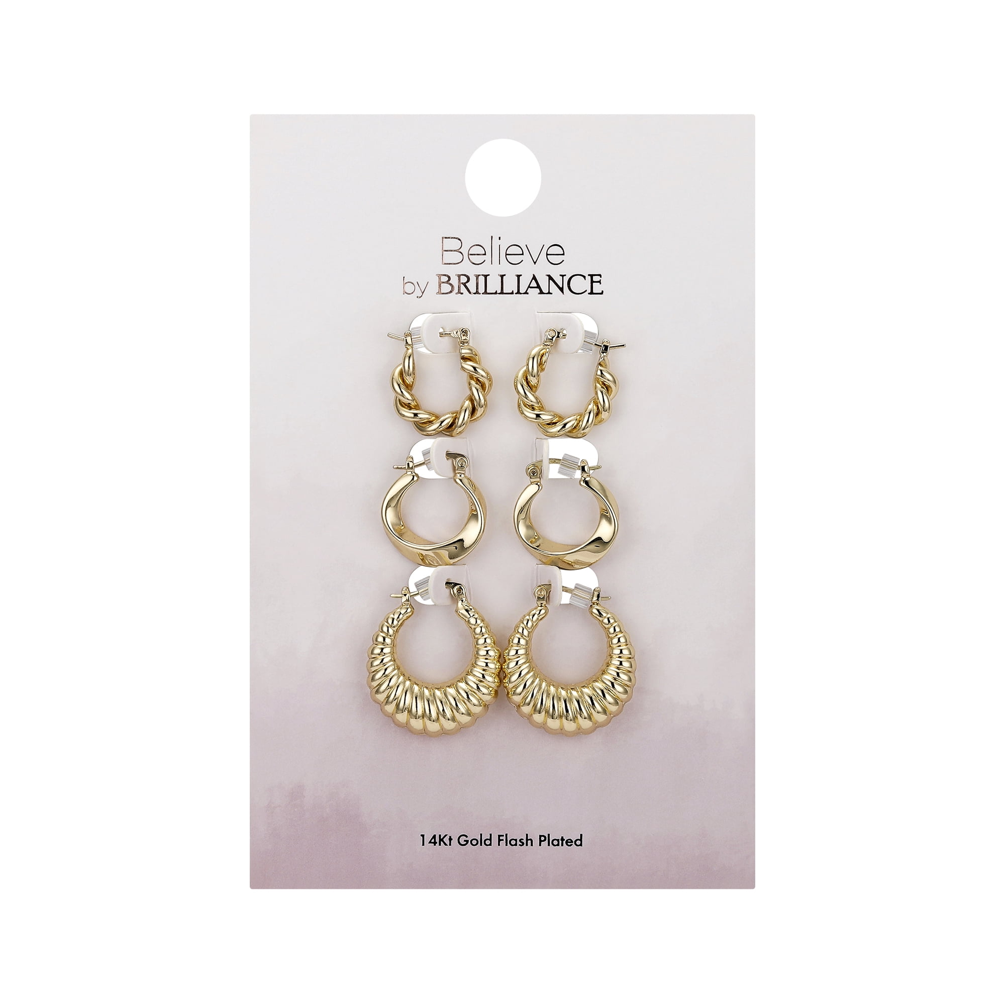 Believe by Brilliance Women's Rope, Wave, Twist Puff Hoop Earring Set in 14K Gold Flash Plated Brass, 3-Pieces