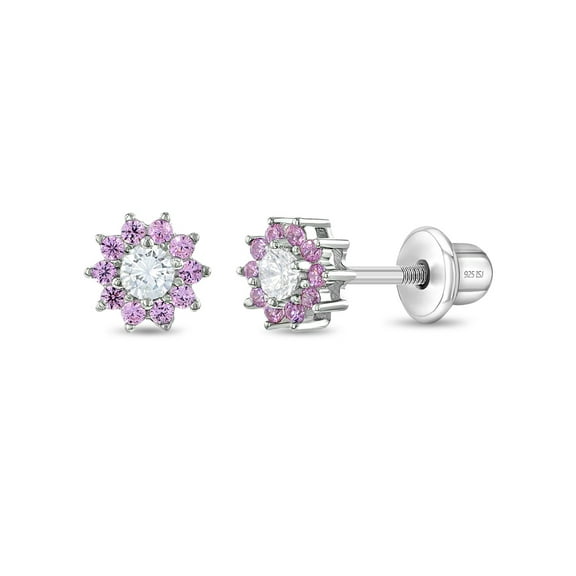 Pink & Clear CZ Flower Kids / Girls Earrings Screw Back - Sterling Silver
