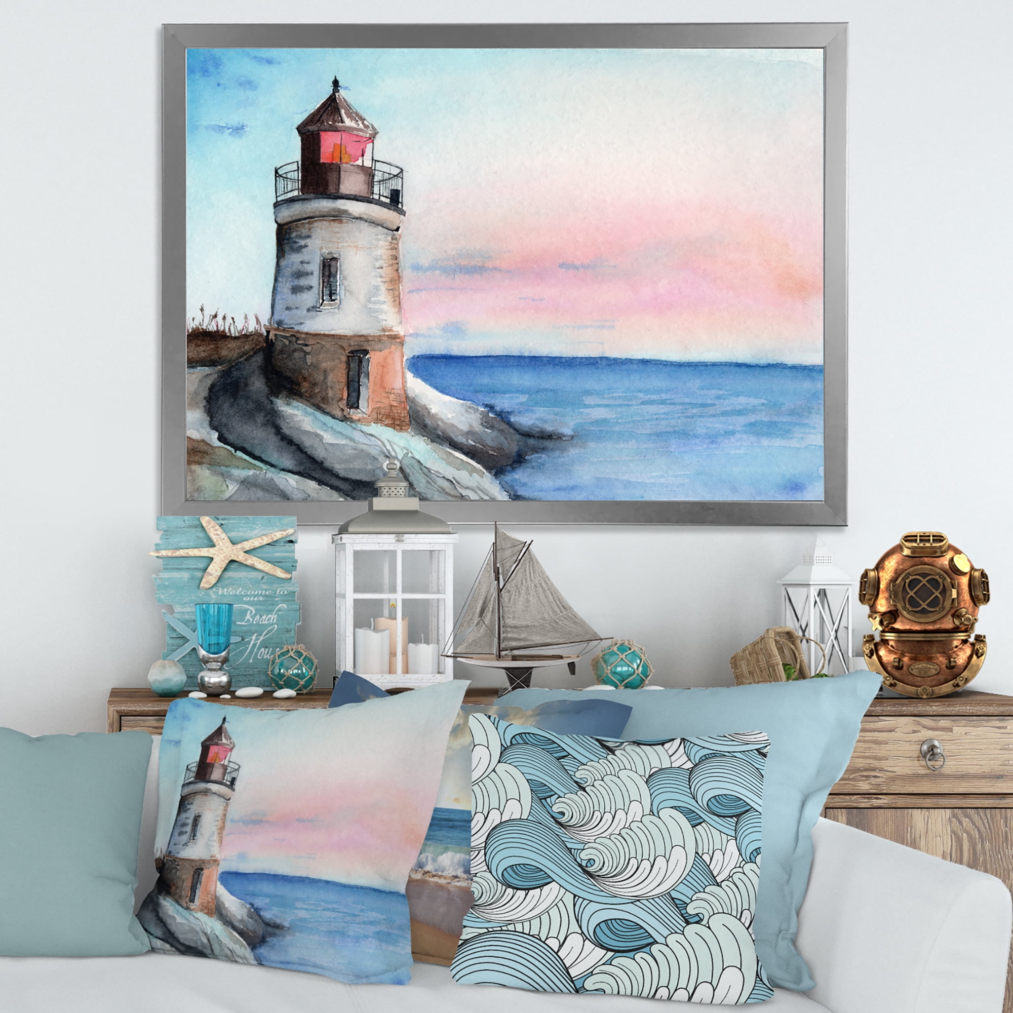 Designart 'A Lighthouse On A Rock Shore At Dawn' Nautical & Coastal Framed Art Print