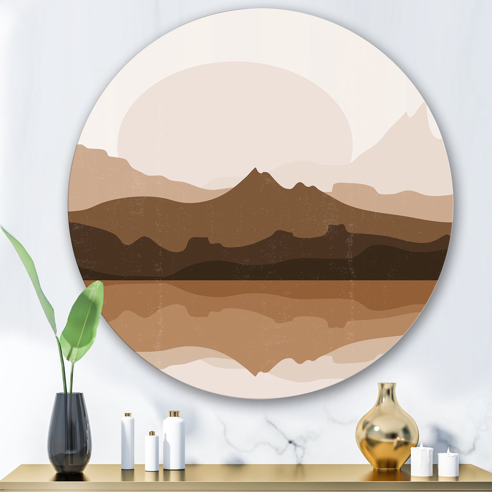 Designart 'Minimalist Brown Terracotta Landscape' Modern Circle Metal Wall Art 36x36 - Disc of 36