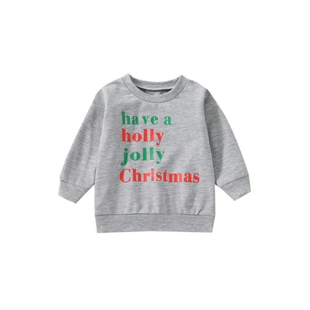 

Canrulo Toddler Baby Girl Boy Christmas Outfit Crewneck Sweatshirt Letter Print Long Sleeve Sweater Shirt Fall Clothes Gray 12-18 Months