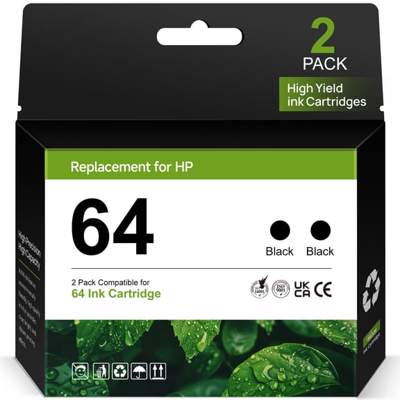 64 Black Ink Cartridges for HP 64 Ink Cartridges Combo Pack Compatible for HP Printer Ink 64 (2 Black) Printer