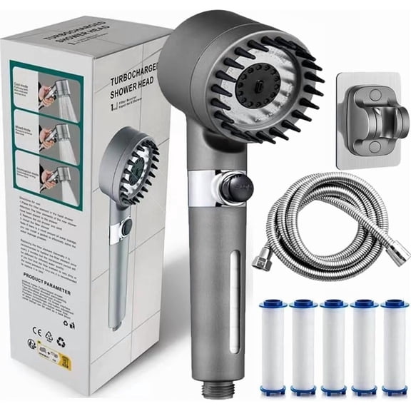 Ion Drop Shower Head with Handheld Filter, Multiple Spray Modes Turbo Charger, Built-in Filter On/Off Switch Handheld Turbine Shower Head (Gray)