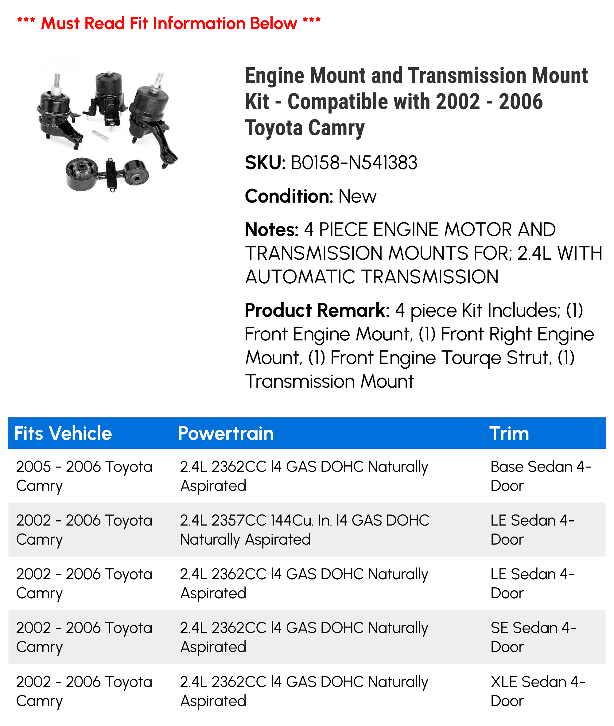 Engine Mount and Transmission Mount Kit - Compatible with 2002 - 2006 Toyota Camry 2003 2004 2005