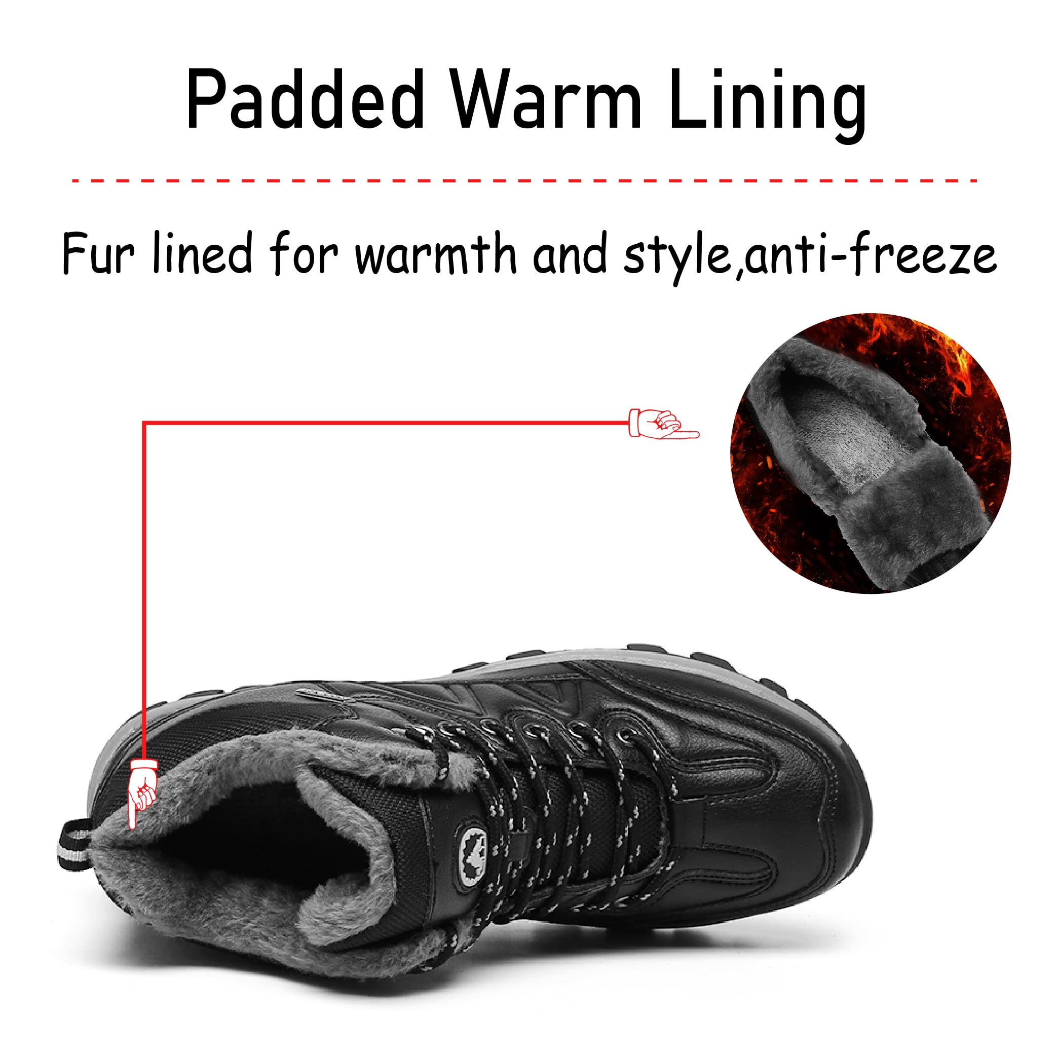 Mens Hiking Snow Boots Padded Warm Cotton Shoes Non-slip Lightweight Sneakers Waterproof Fur Lined Bare Boots Black 7.5 UK