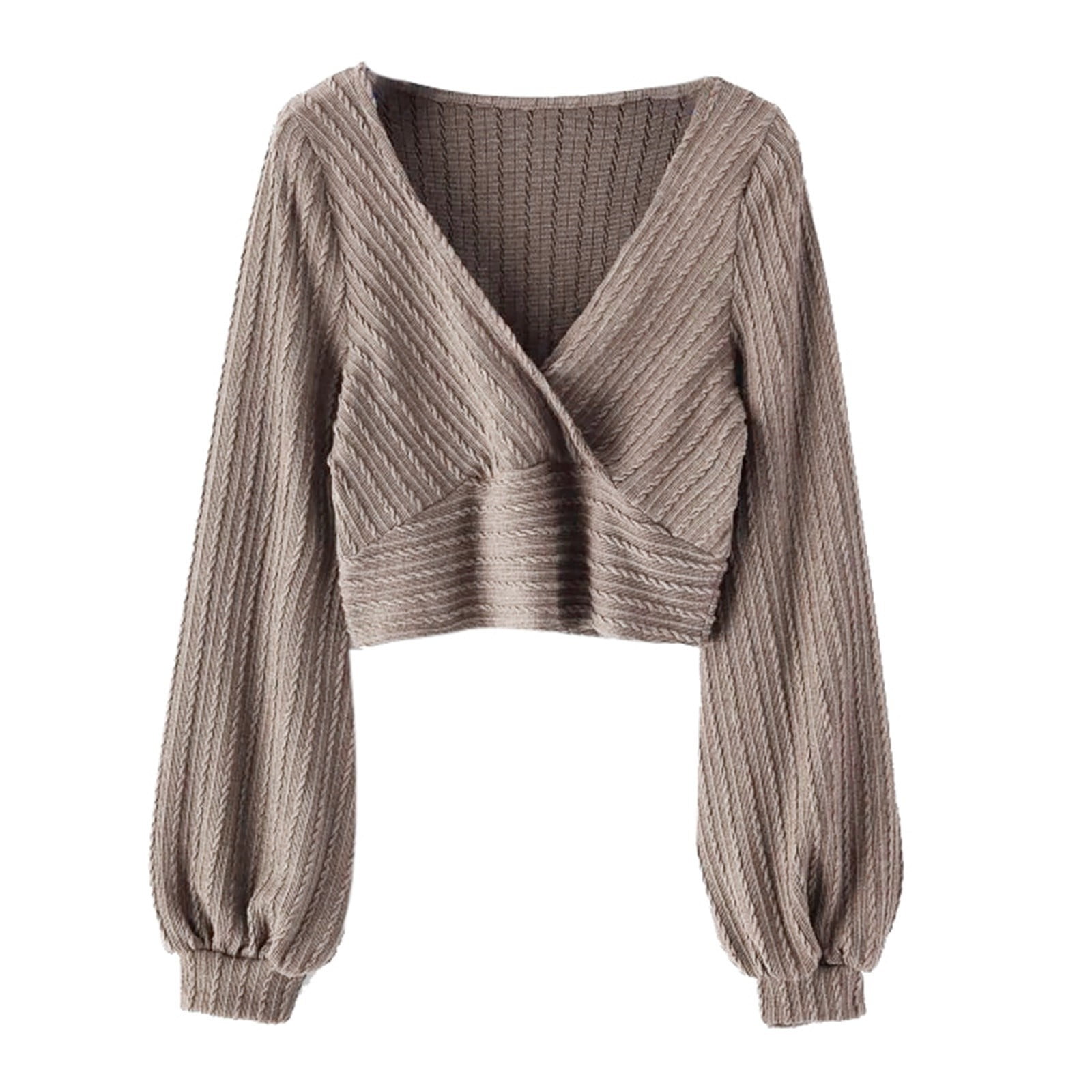Crop Tops for Women V Neck Lantern Long Sleeve Knitted Solid Cropped Pullover Sweatshirt Fall Tops