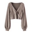 thumbnail image 1 of Crop Tops for Women V Neck Lantern Long Sleeve Knitted Solid Cropped Pullover Sweatshirt Fall Tops, 1 of 2