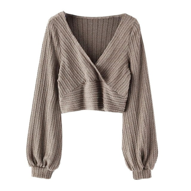 Crop Tops for Women V Neck Lantern Long Sleeve Knitted Solid Cropped Pullover Sweatshirt Fall Tops