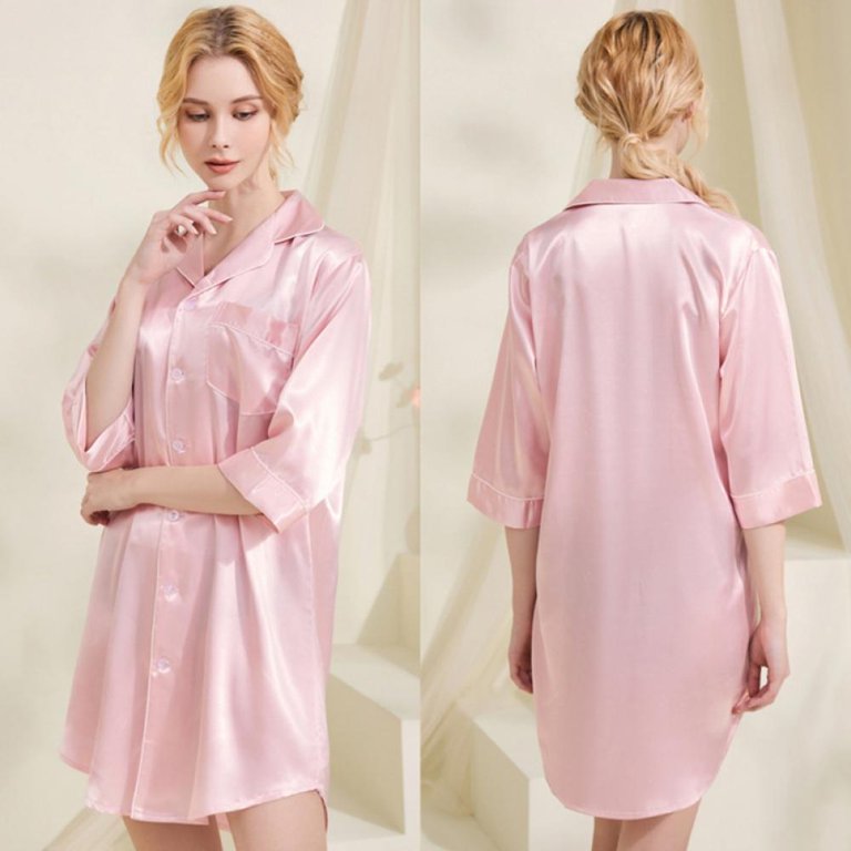 Women's Nightgown Button Down Sleepshirt Satin 3/4 Sleeve