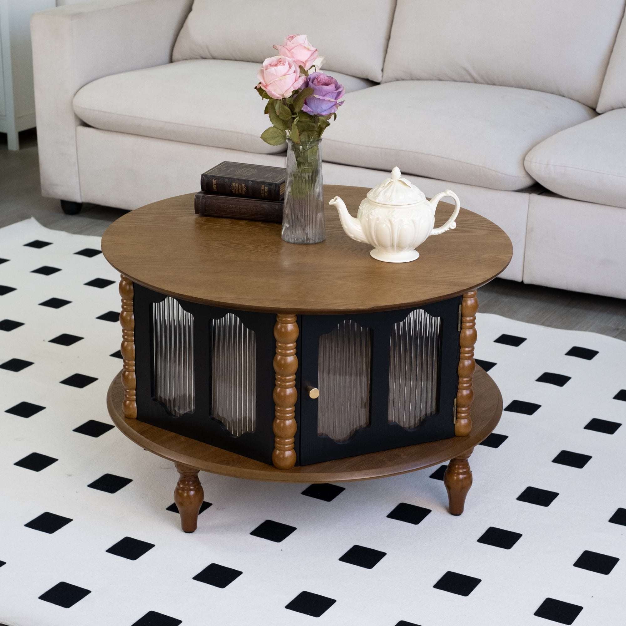 31.5" Round Wooden Coffee Table With Storage,Modern Living Room Center Table with 3 Glass Doors for Living Room,Apartment,Office,Brown