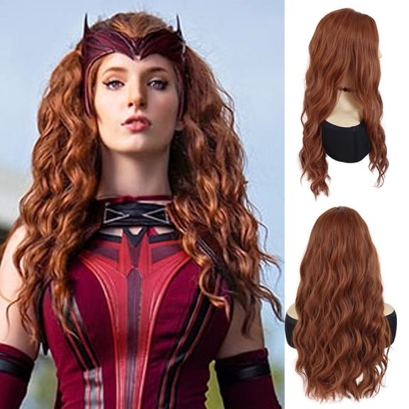 24 Inch Long Curly Wavy Wigs for Women in Synthetic Hair Scarlet Witch Wig Copper Red Fake Scalp Hairline Wigs