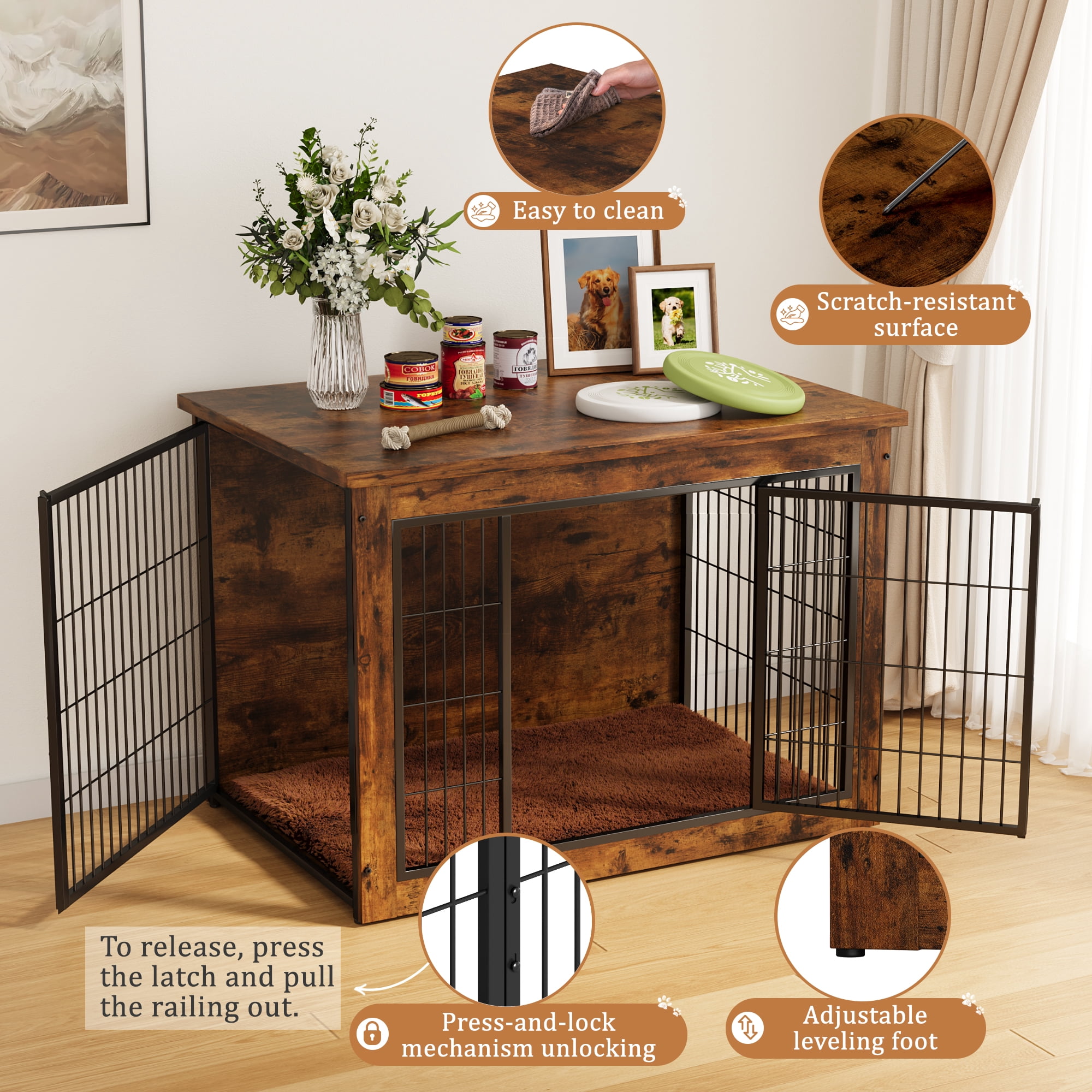 Furmax Wooden Indoor Dog Crate Furniture with Double Doors and Thick Cushion,Brown