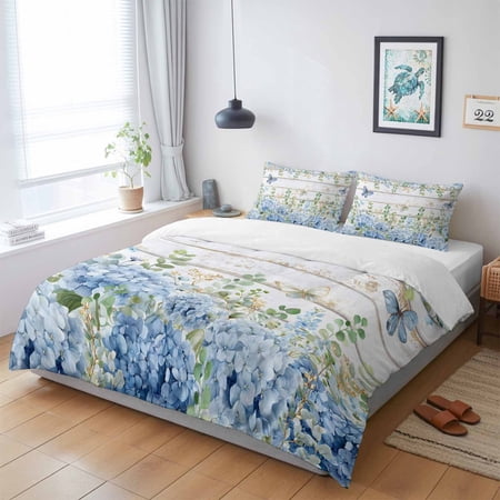Duvet Cover King Size 3 Piece Bedding Set, Rustic Blue Hydrangea Butterfly Soft Breathable Comforter Cover with 2 Pillow Shams, Pastoral Flower Leaf Wood Board Luxury Duvet Covers with Zipper Closure