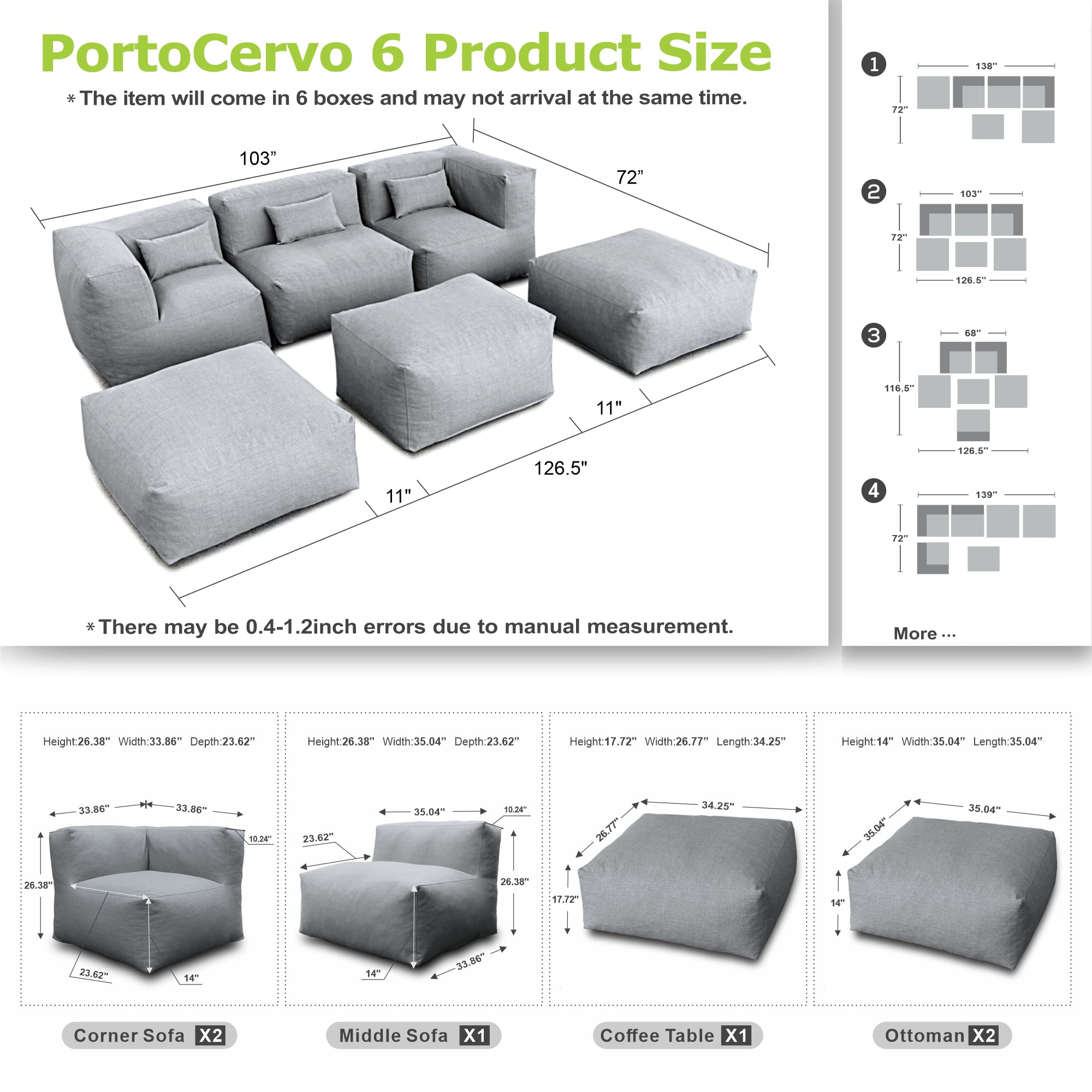 6 Pieces Olefin Patio Conversation Set with Thickened Cushions 5-Seat Outdoor Furniture Set with Bean Bag Chairs (Dark Gray)