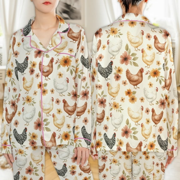 Lotusprinthandmade Floral Chickens Graphic All-over Print Satin Pajamas Set (S), Cozy Farmhouse Sleepwear for Women and Animal Lovers
