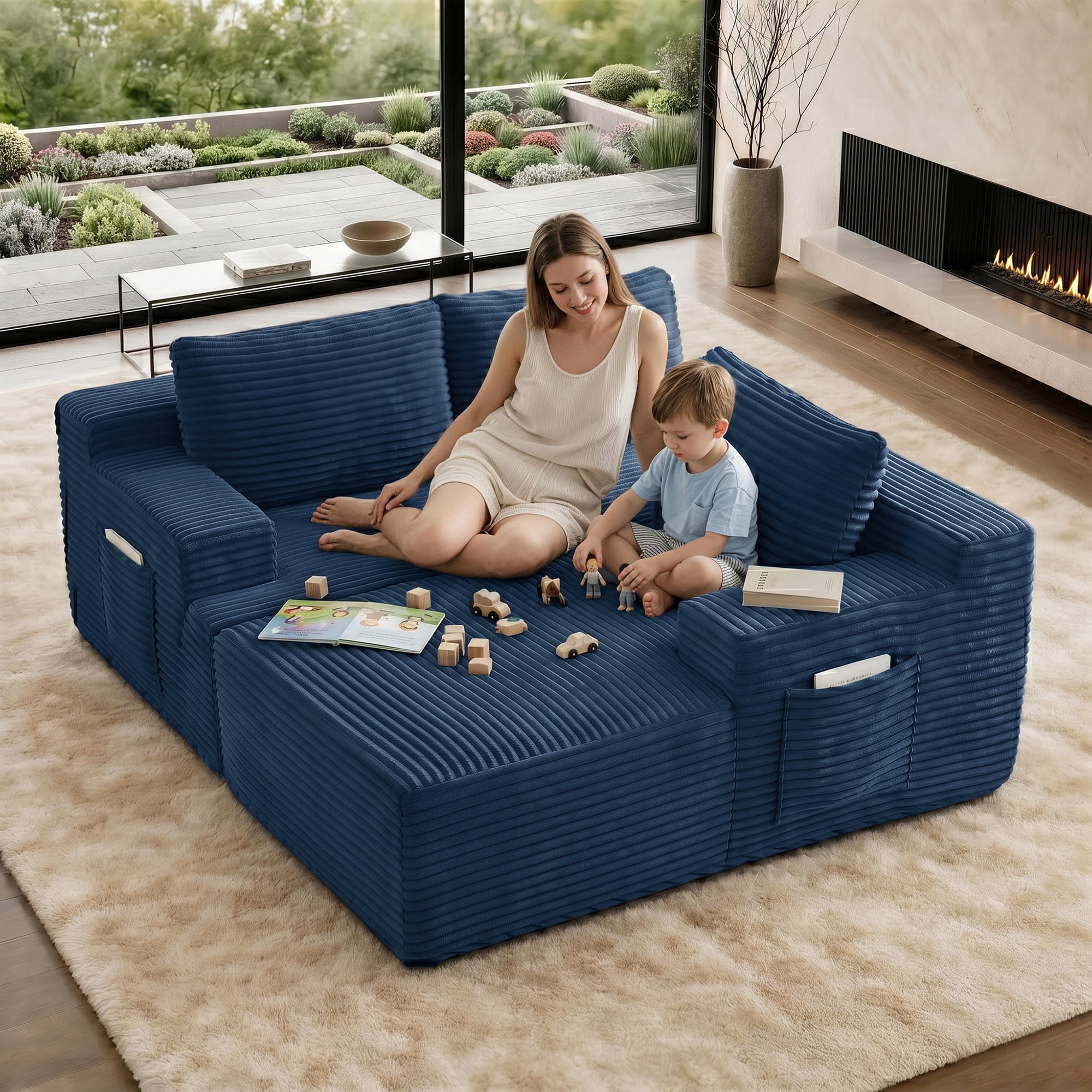Aukfa 96" Cloud Sectional Couch, Modular L Shaped Boneless Sofa with Right Facing Chaise&2 Storage Pockets, Blue