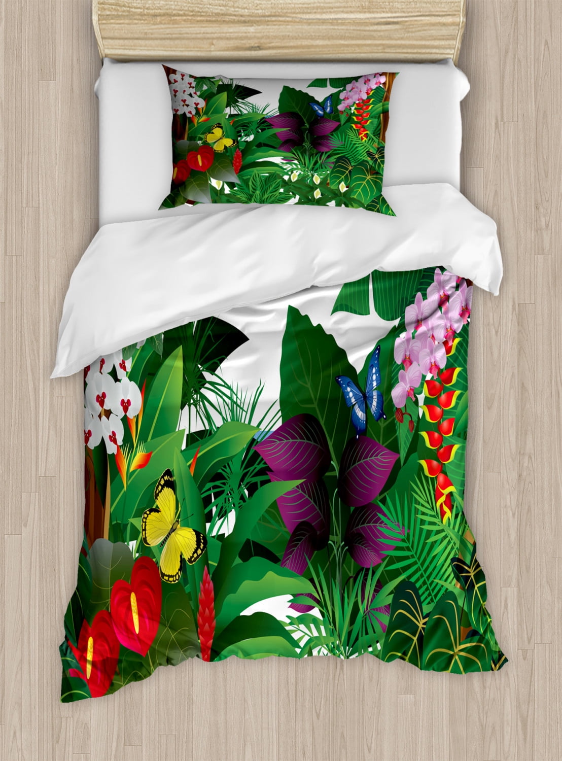 Nature Duvet Cover Set, Jungle Themed Cartoon Design with Blooming Flowers and Butterflies