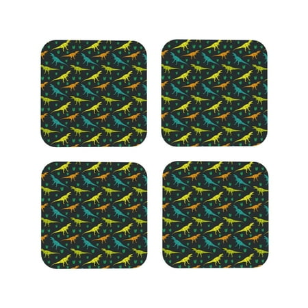 

Leather Coasters Set of 4 - colorful Dinosaur print A Lightweight Non-Slip Drink Coasters for Desk Anti-Scalding Desk Cup Coasters for Office Table Decor Square