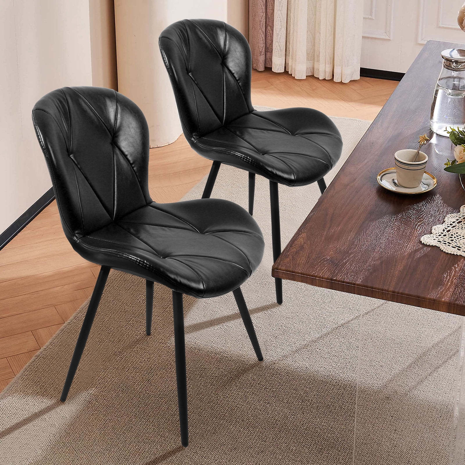 Set of 2 Black Faux Leather Dining Chairs, Ergonomic Backrest with Thick Foam Cushion, Metal Legs & FSC Frame, Scratch & Stain Resistant, 300 lbs Weight Capacity