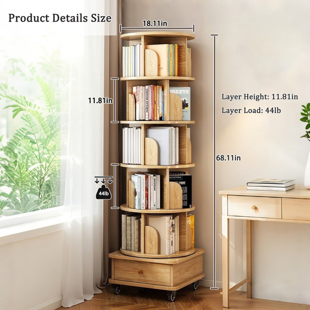 6-Tier Rotating Bookshelf with Wheels, 360° Spinning Bookcase Tower with Drawer & Wraparound Baffles, Space-Saving Storage Shelf, Natuarl