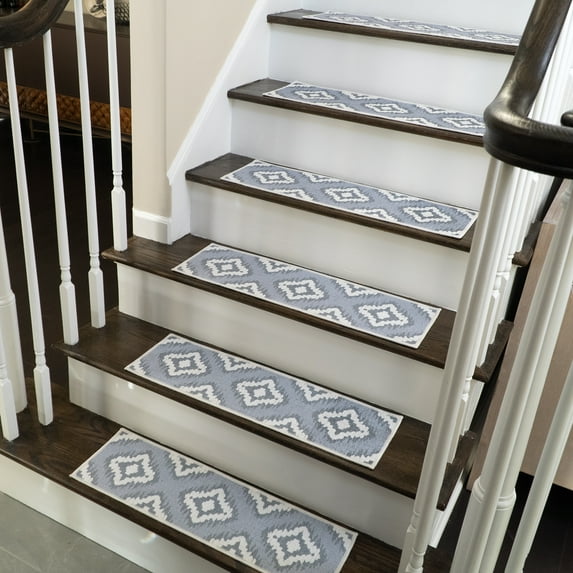 SussexHome Tetra Design 9" X 28" Stair Treads - 70 % Cotton Anti-Slip Carpet Strips for Indoor Stairs-Easy to Install Stair Treads with Double Adhesive Tape-Safe, Extra-Grip, 13-Pack-Gray