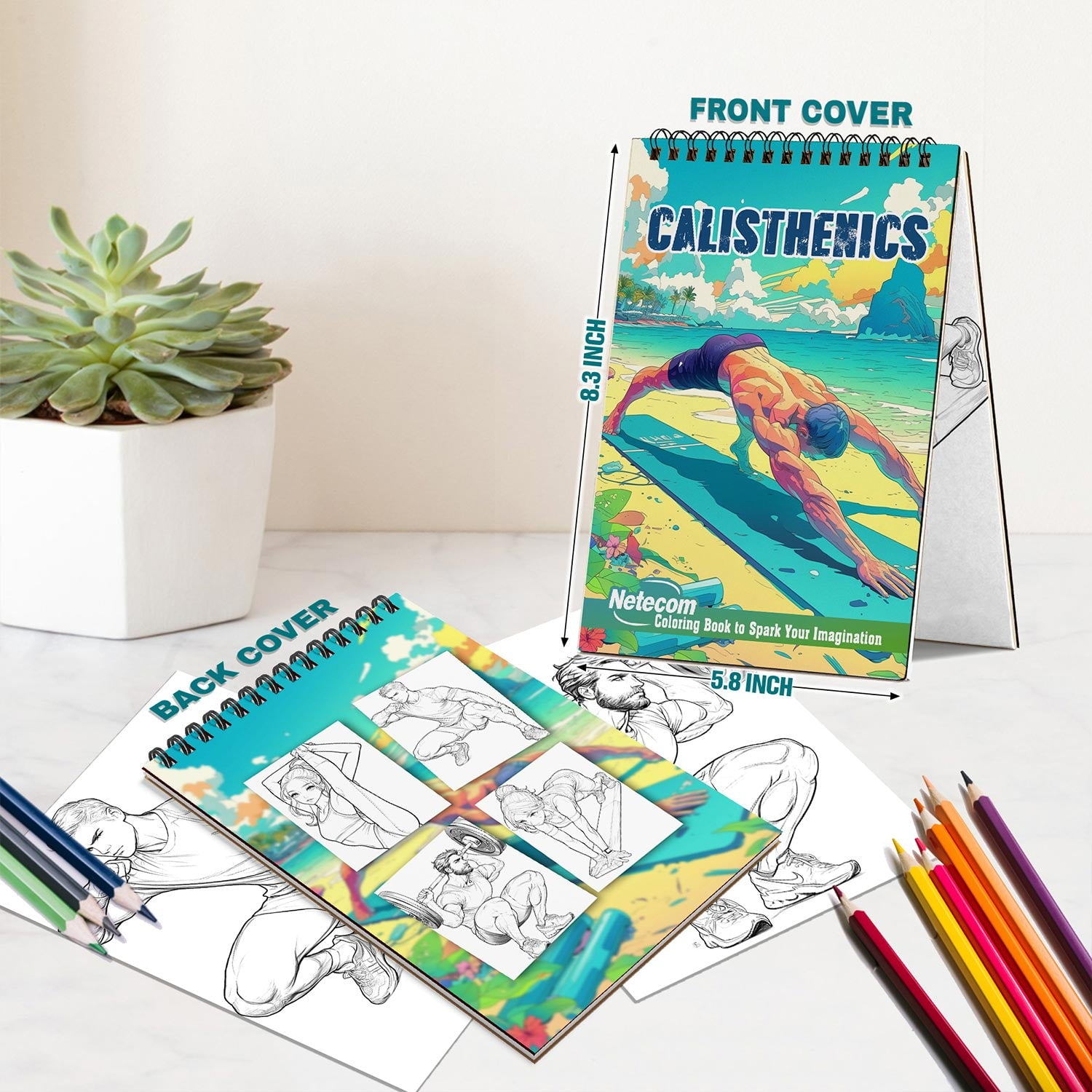 Netecom Calisthenics Coloring Book, A5 Wooden Cover, Spiral Bound, 30 Dynamic Coloring Pages of Gymnastics Activities for Stress Relief and Relaxation