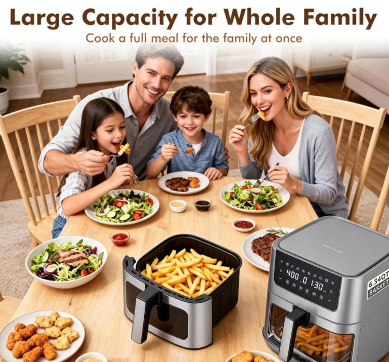 G-ocean 6.34 QT Air Fryer Oil-Free with Visible window, 8 Preset Cooking Modes, 90-Min Timer, 400°F Hemp, Dish Washer Safe, Roast, Bake, Gray