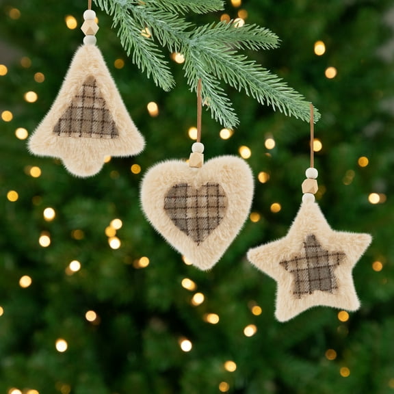 Northlight Plush Tree Star and Heart Shaped Plaid Christmas Ornaments - 4.5" - Tan - Set of 3