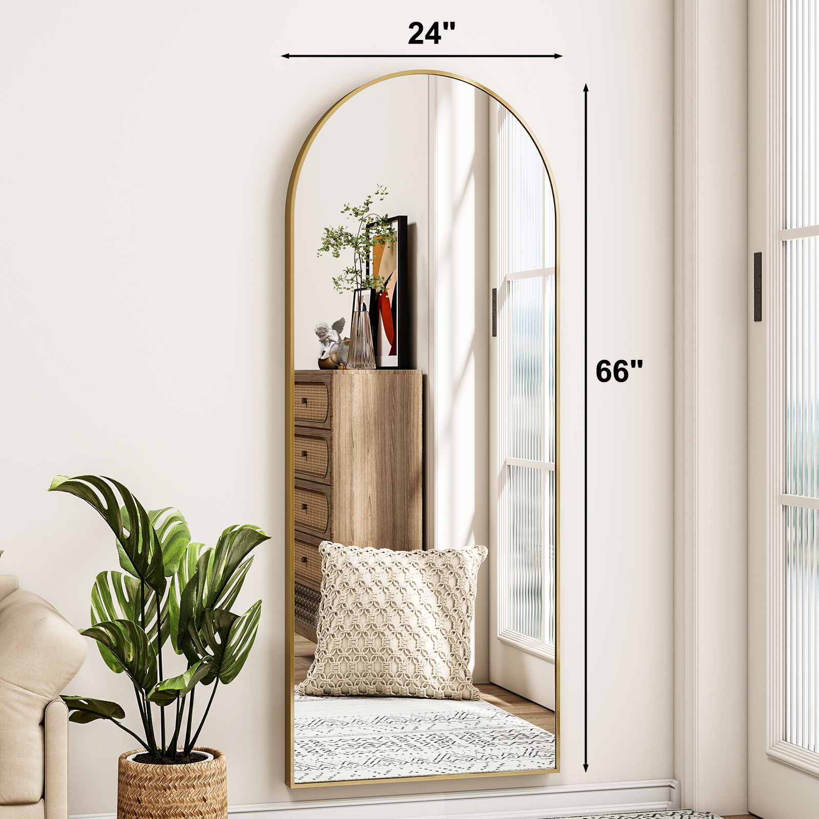SEETHRUGLIMMER 66"x24" Arch Floor Mirror with Stand Wall Mounted, Gold