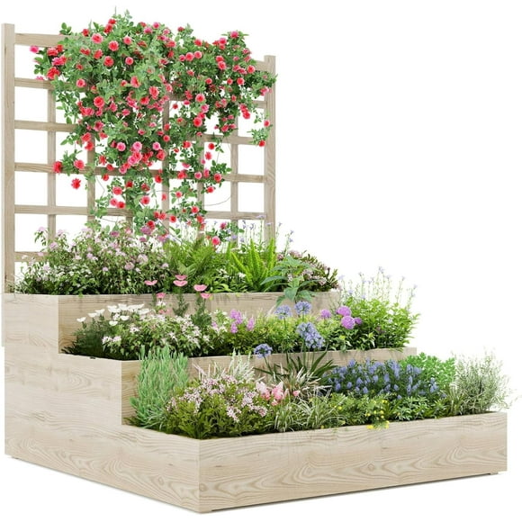 YUSAZENS 3-Tier Wooden Raised Garden Bed with Trellis - Vertical Outdoor Planter Box for Climbing Plants,Vegetables,Flowers & Herbs -Sturdy Elevated Planter with Open Base for Patio,Yard,Lawn,Balcony