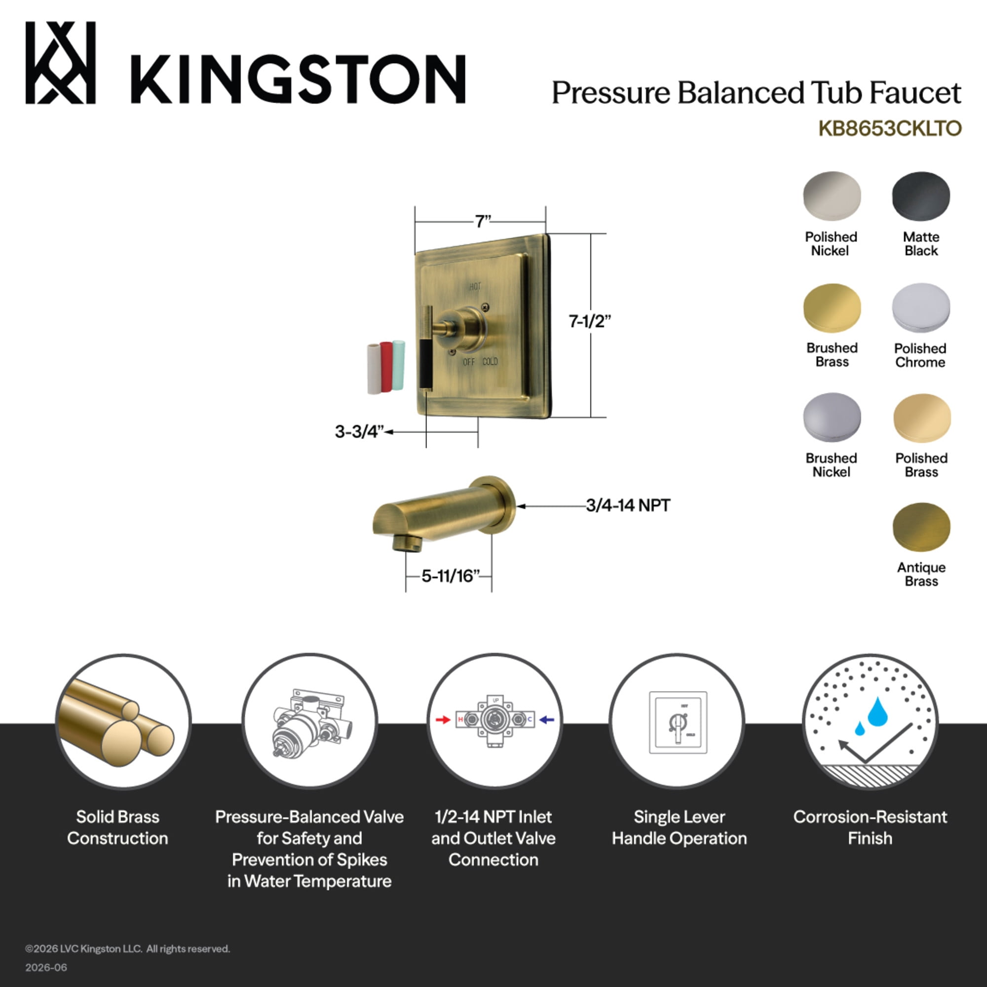 Kingston Brass KB8652CKLTO Kaiser Single-Handle Pressure Balanced Tub Faucet in Polished Brass