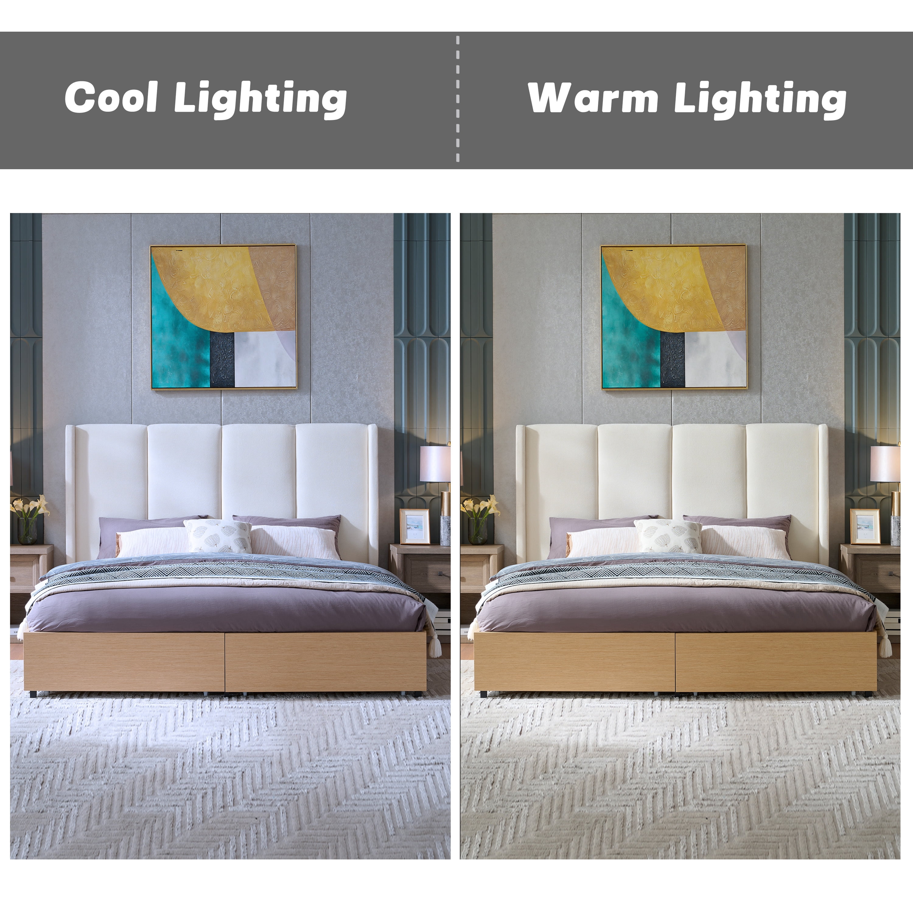 King Size Bed Frame and Upholstered Headboard, Solid Wood Platform Bed with Storage Drawers, Durable Wooden Slats, Solid and Stable, Noiseless, No Box Spring Needed, Easy Assembly, Beige