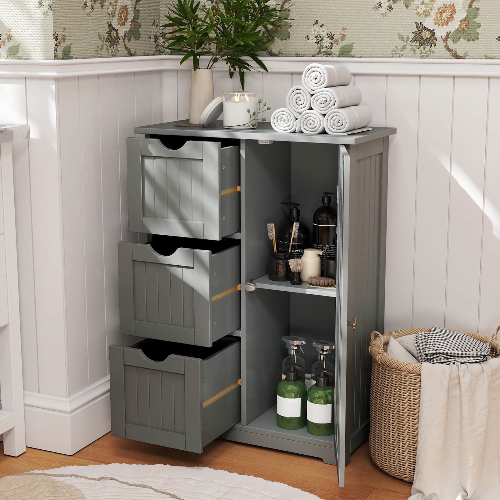 Costway Bathroom Floor Cabinet Side Storage Cabinet with 3 Drawers and 1 Cupboard Grey