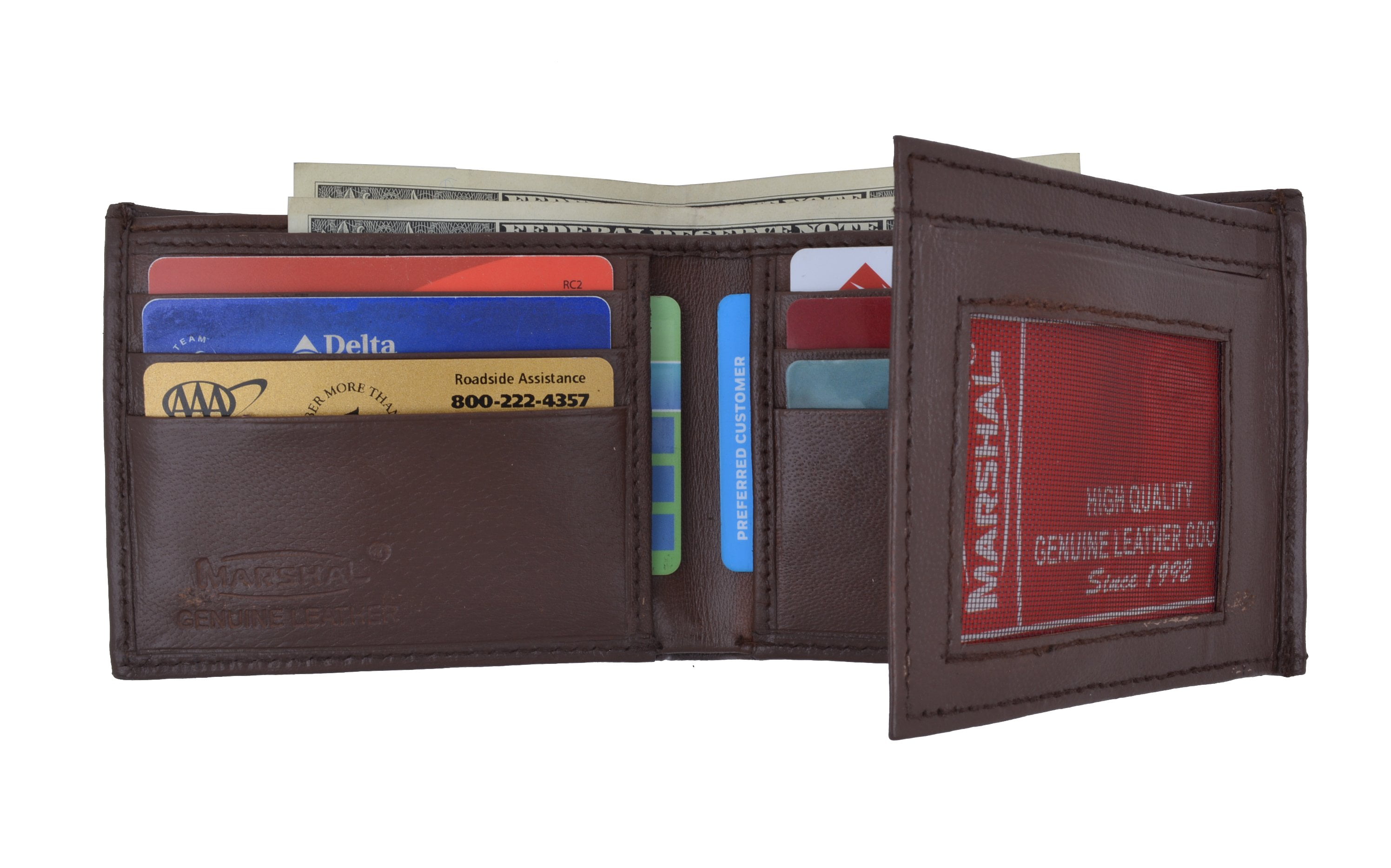 Genuine Leather Mens Bifold Wallet ID Credit Card Hideaway Zip 2 Center Flap 