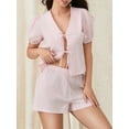 thumbnail image 4 of Gupgi Ensemble de Pyjama 2 Pcs à Rayures pour Femmes, Manches Courtes Bouffantes, Chemise à Nouer devant, Shorts à Taille Élastique, 4 of 8