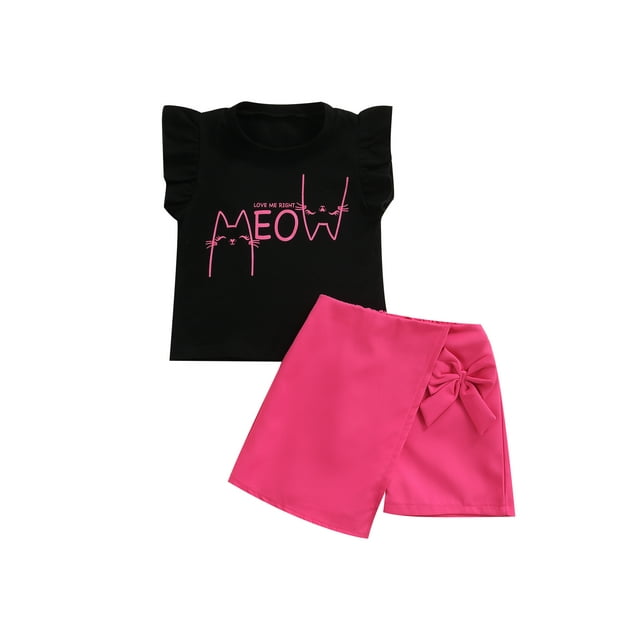 Fortune Kid Girl Fly Sleeve Cartoon Cat Printed Tops Solid Color Bow Knot Short Skirts Set