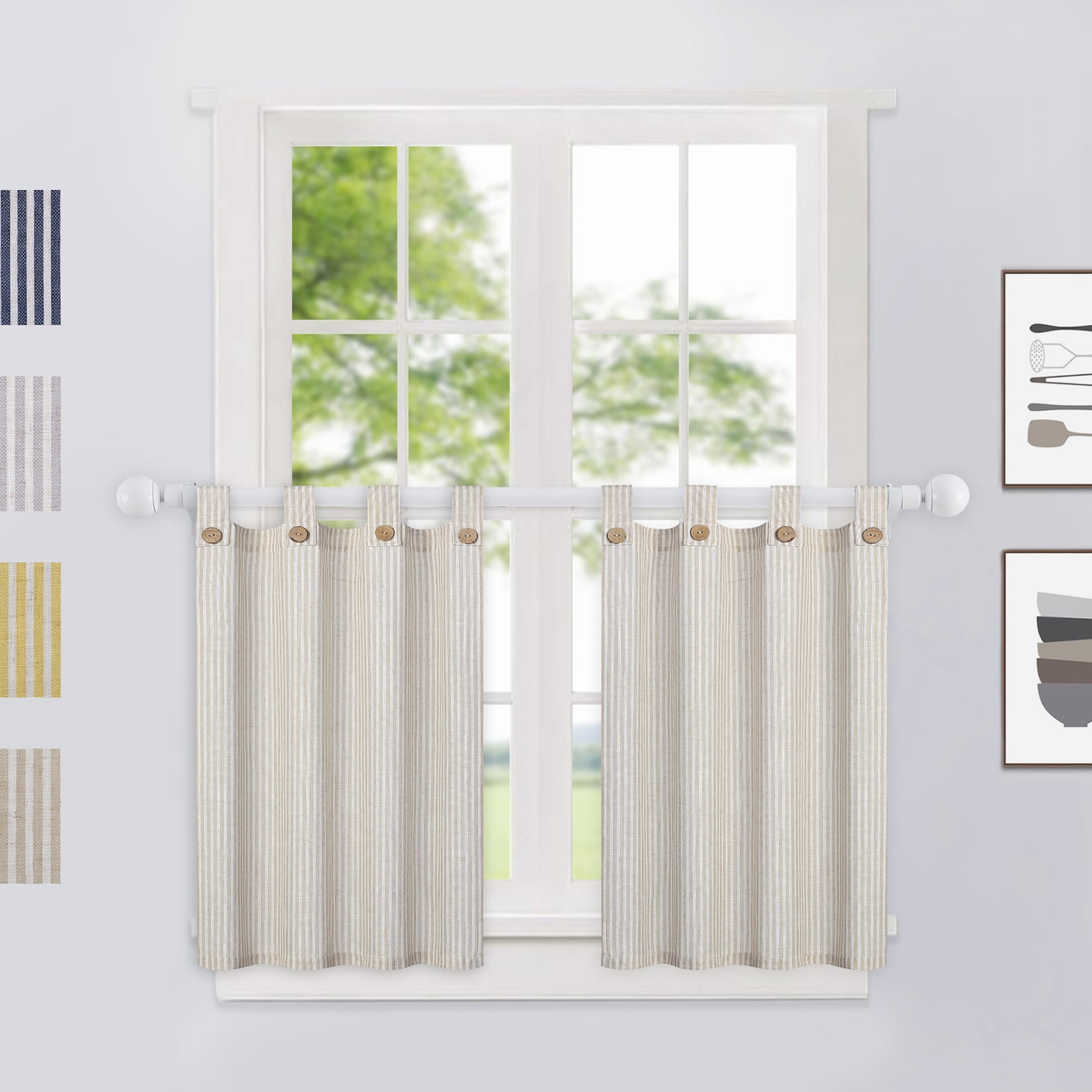 2 Panels CAROMIO Kitchen Curtains Decorative Striped Semi Transparent Half Window Curtain Voile Sheer Cafe Curtains,Small Curtains for Living Room,Nature,27 x 24 