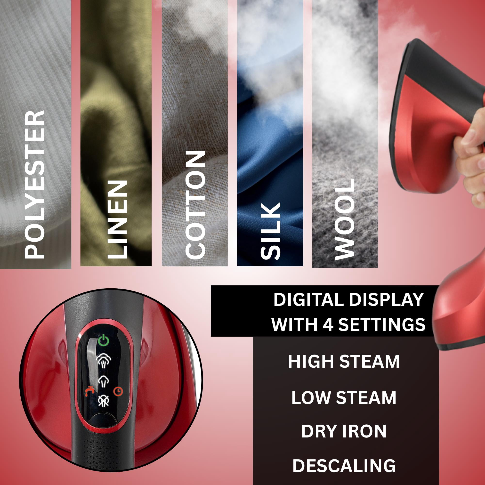 1600W True & Tidy Red XL Iron and Steamer with Digital Screen and Detachable Ironing Plate