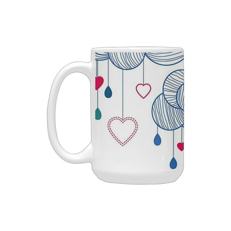 

Modern Decor Fluffy Sketchy Hand Drawn Clouds with Hanging Hearts White Black Magenta and Blue Ceramic Mug (15 OZ) (Made In USA)