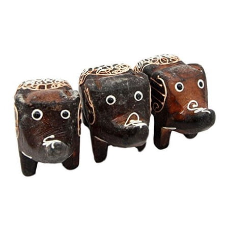 Balikraft Hand Made Wood Artisans "Gajah Tanduk" Javanese Trumpeting Elephant Family Miniature Figurine Set 2.5"L