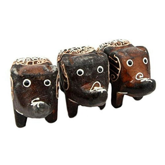 Balikraft Hand Made Wood Artisans "Gajah Tanduk" Javanese Trumpeting Elephant Family Miniature Figurine Set 2.5"L